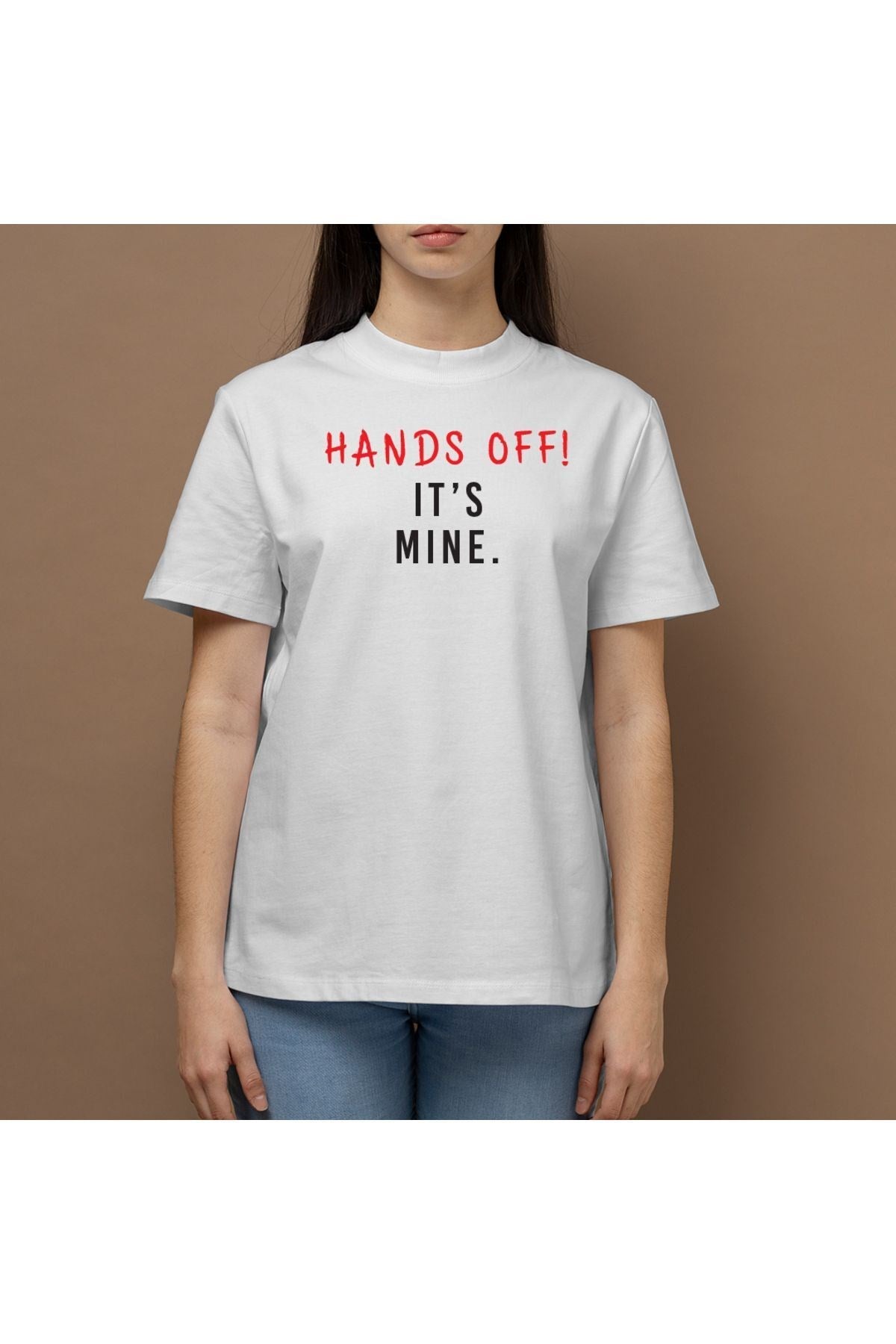 Y2k Tech Oversize Hands Off! It's Mine. Baskılı Beyaz Basic T-shirt