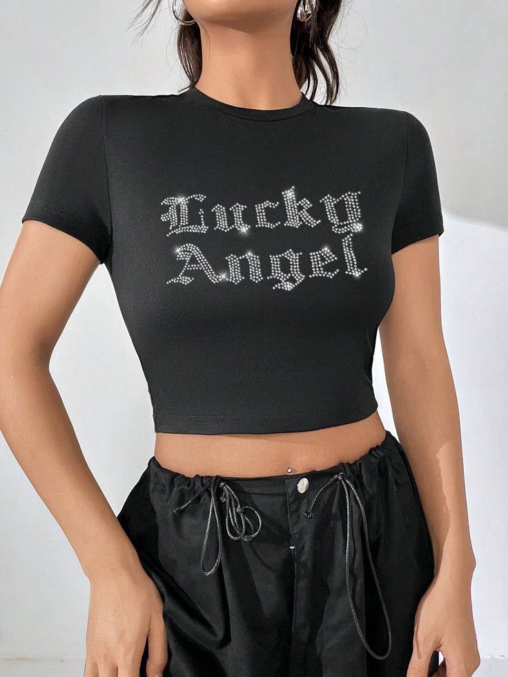 Hoodie Outdoor Siyah Pullu Lucky Angel Crop Bluz