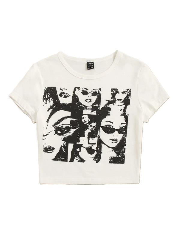 ESC BUTİK 90s Figür Face Baskılı Beyaz Crop