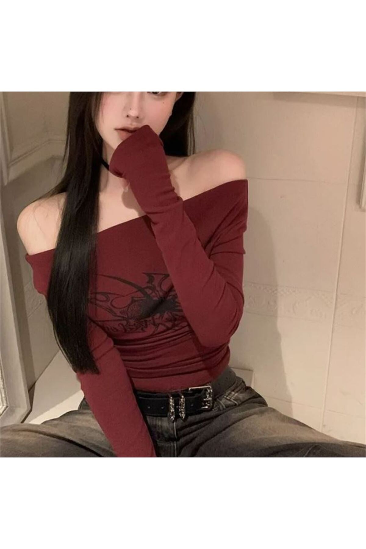 Vintage Y2k Tech Bordo Black Widow Omuzu Açık Spider Uzun Kollu Crop Bluz