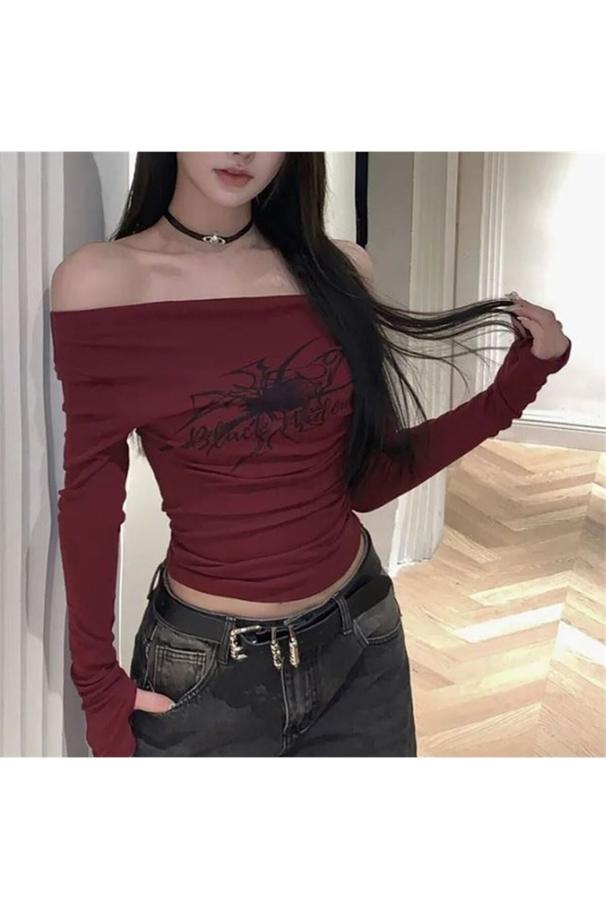Vintage Y2k Tech Bordo Black Widow Omuzu Açık Spider Uzun Kollu Crop Bluz
