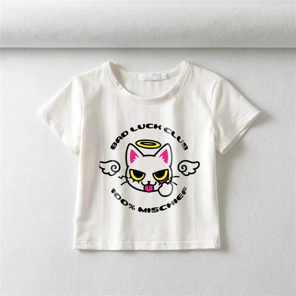 ESC BUTİK Bad Luck Club Baskılı Beyaz Crop