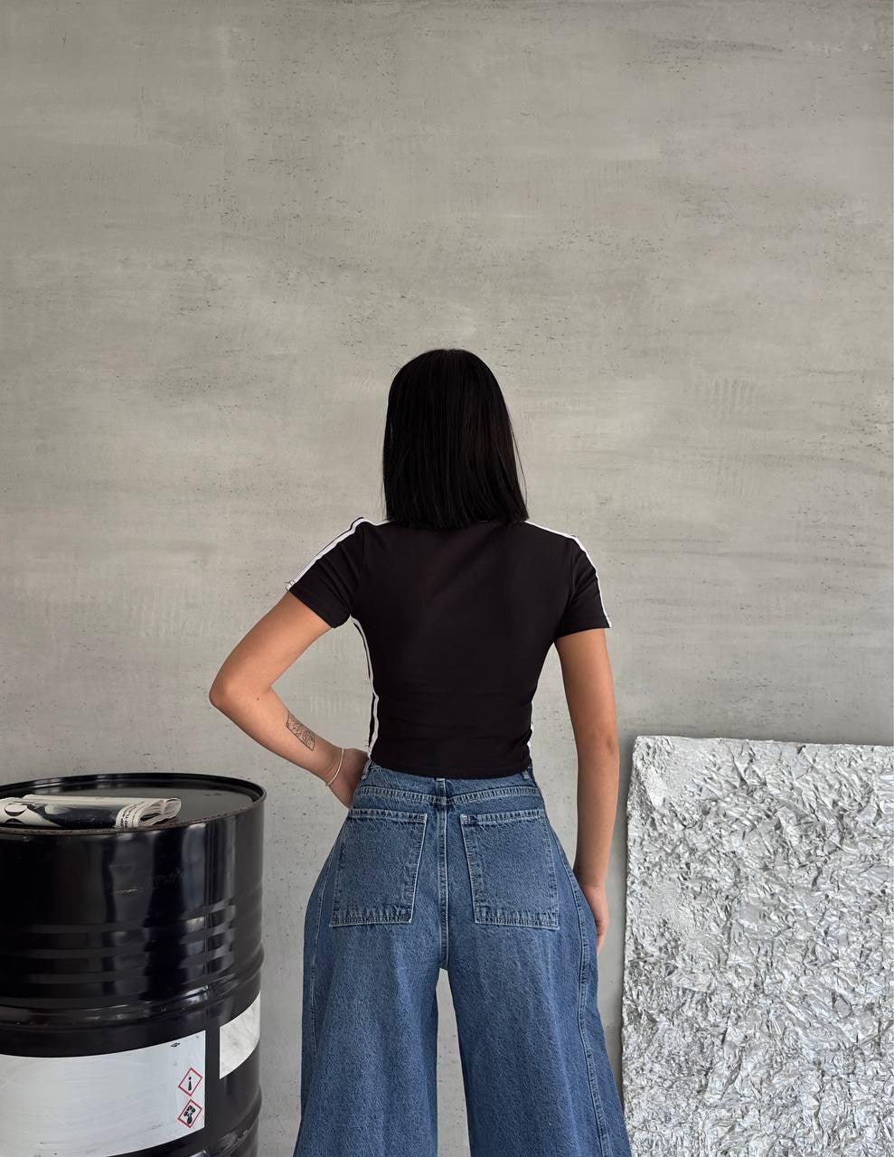 Zerocircle Y2K Baskılı Baskılı V Yaka Siyah Crop T-Shirt