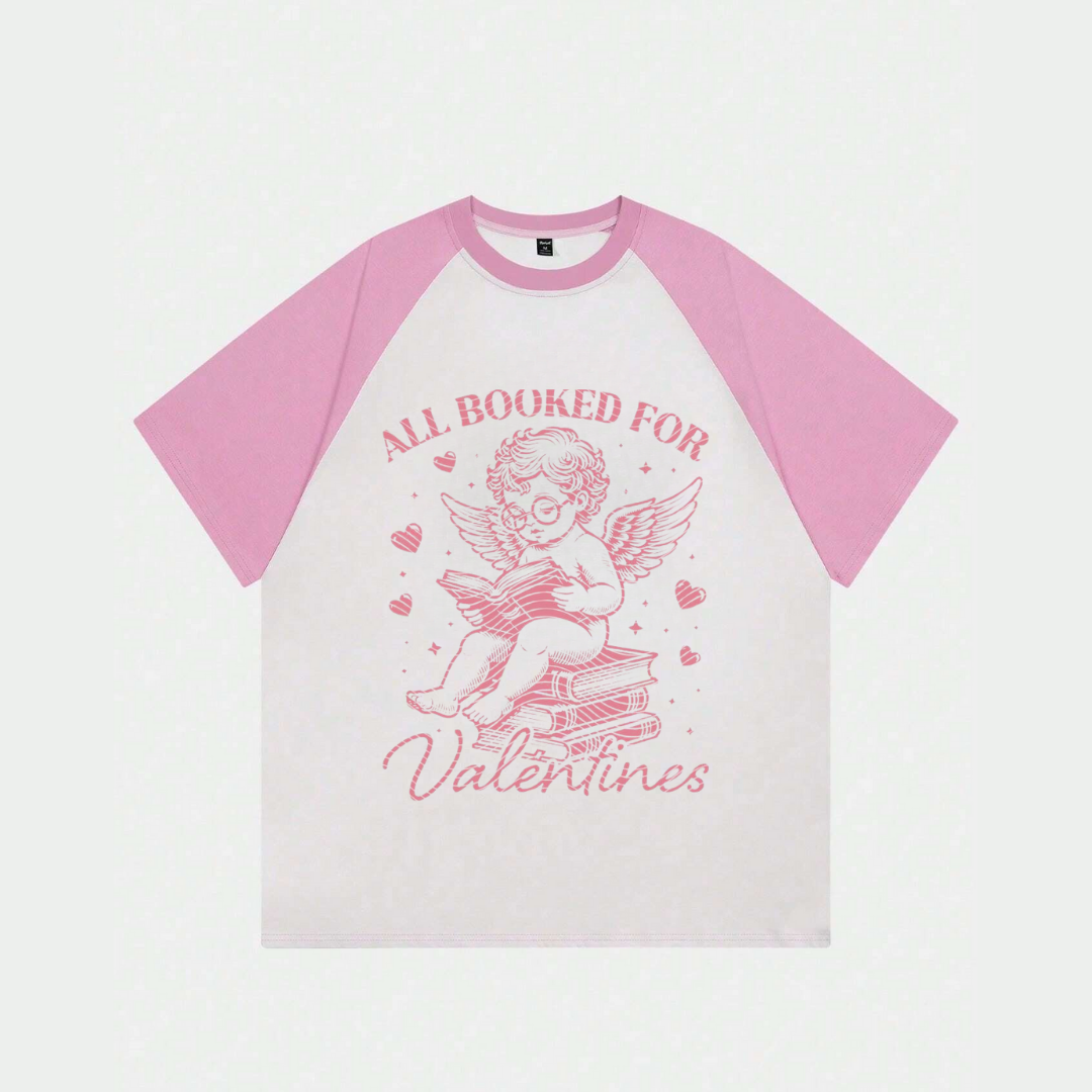 ESC BUTİK Beyaz Unisex Pembe Reglan Valentine's T-Shirt