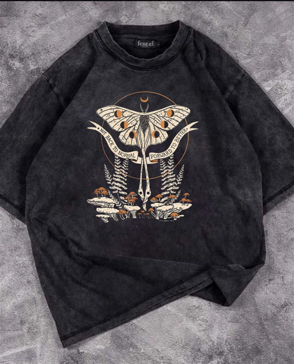 ESC BUTİK Butterfly & Mushrooms Yıkmalı Unisex Eskitme T-shirt