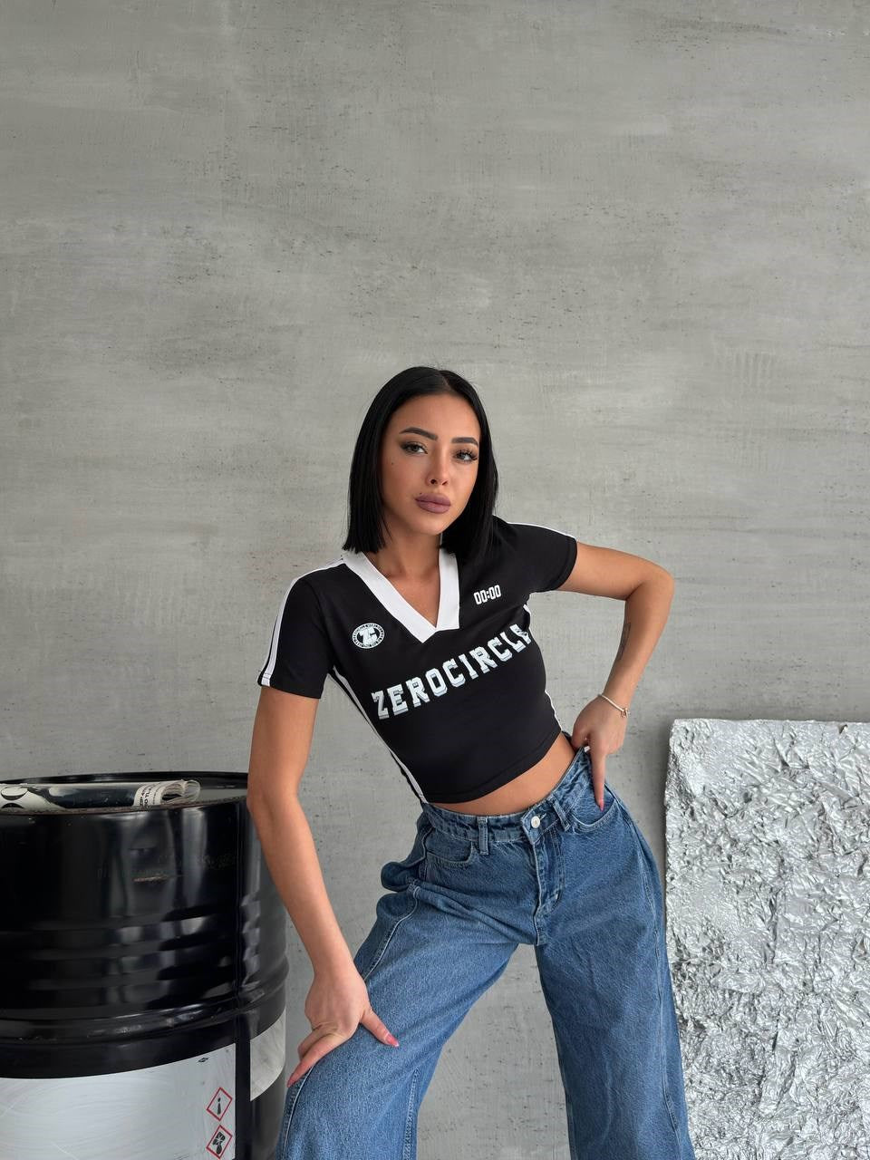 Zerocircle Y2K Baskılı Baskılı V Yaka Siyah Crop T-Shirt
