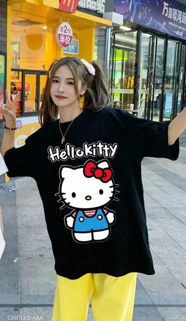Outdoor Oversize Hello-Kity Chıll Day Baskılı Siyah Unisex T-shirt
