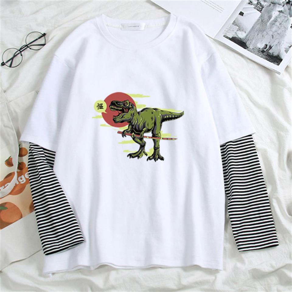 ESC BUTİK Dinosaur Baskılı Fake Sleeves Unisex Beyaz T-shirt