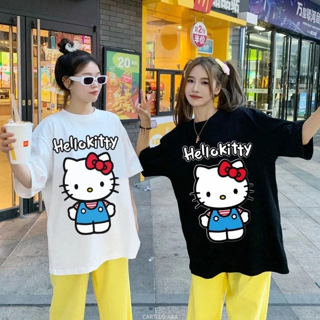 Outdoor Oversize Hello-Kity Chıll Day Baskılı Siyah Unisex T-shirt