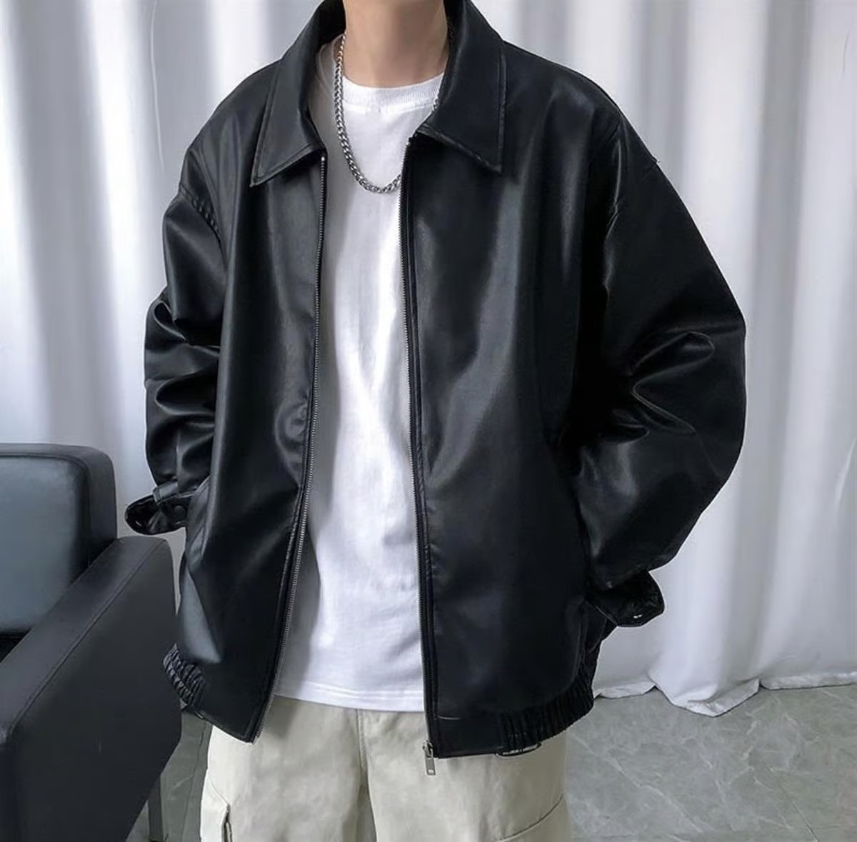 ESC BUTİK Gothic Spider Baskılı Streetwear Siyah Oversize Unisex Astarlı Deri Ceket