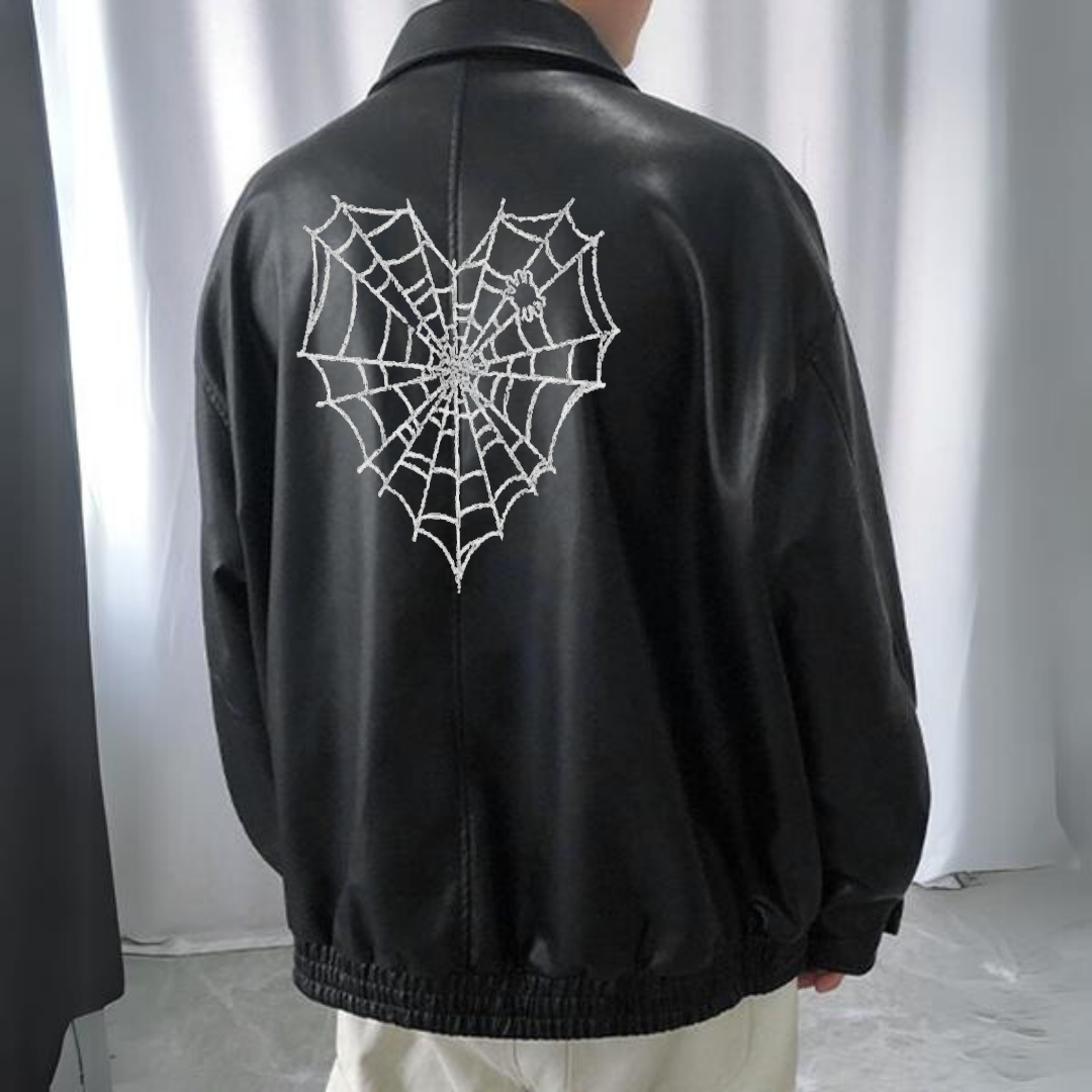 ESC BUTİK Gothic Spider Baskılı Streetwear Siyah Oversize Unisex Astarlı Deri Ceket