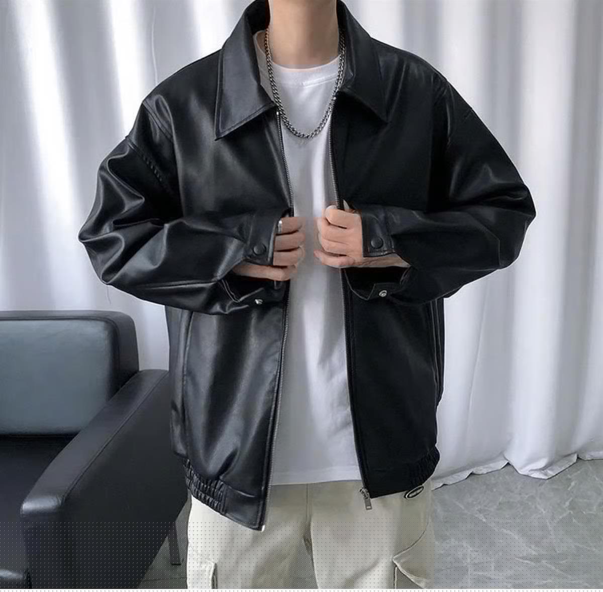 ESC BUTİK Gothic Spider Baskılı Streetwear Siyah Oversize Unisex Astarlı Deri Ceket
