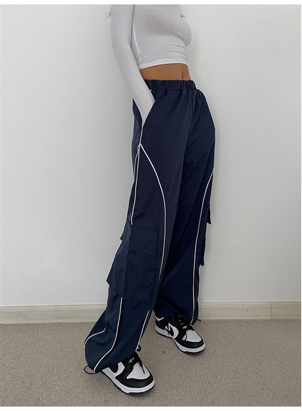 ESC BUTİK Harajuku Lines Detail Cargo Pocket Dark Navy Tracksuit Lacivert Eşofman Altı