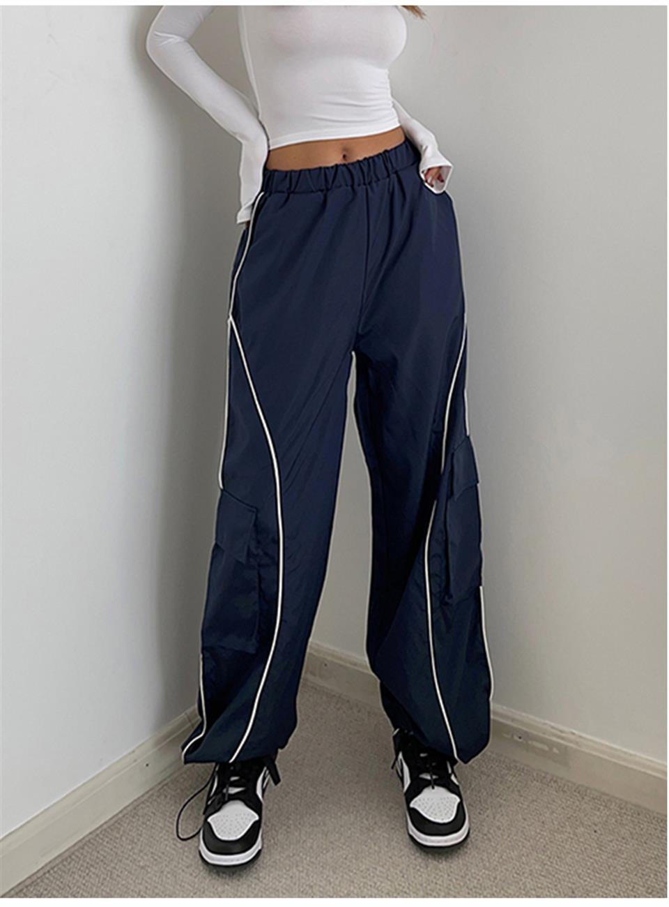 ESC BUTİK Harajuku Lines Detail Cargo Pocket Dark Navy Tracksuit Lacivert Eşofman Altı