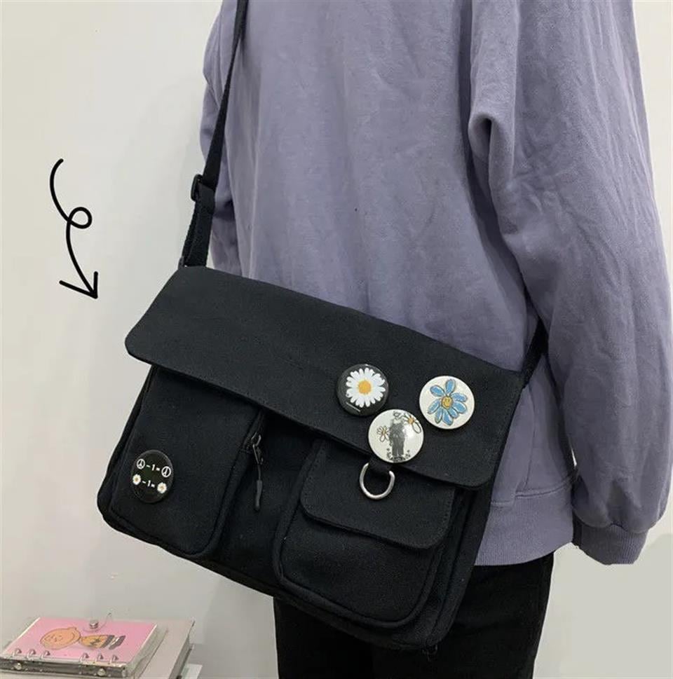 ESC BUTİK Harajuku Unisex Cepli Unisex Siyah Postacı Çantası