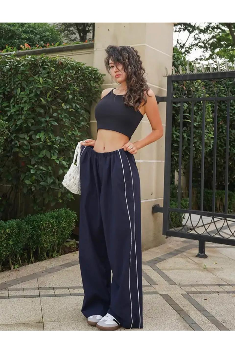 ESC BUTİK Harajuku Zip Detail Çift Çizgili Navy Blue Tracksuit Oversize Lacivert Eşofman Altı