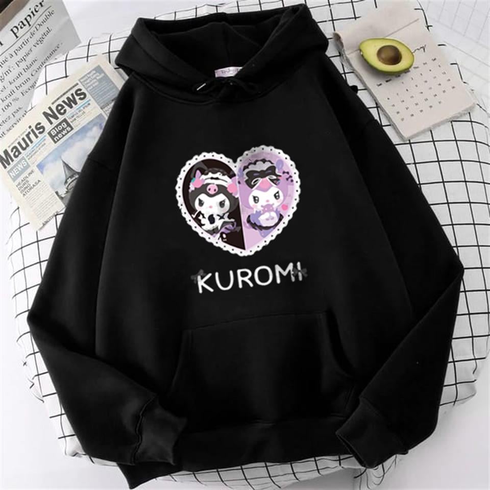 ESC BUTİK Heart Kuromi Baskılı Siyah Kapüşonlu Sweatshirt