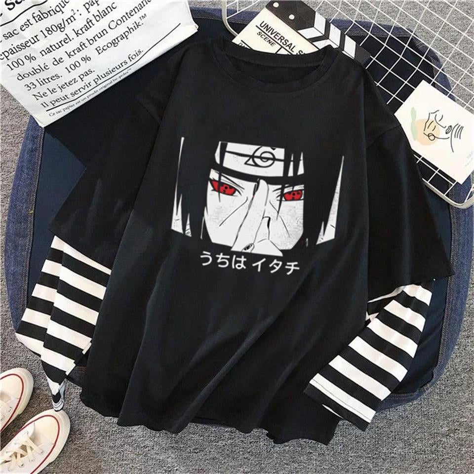 ESC BUTİK Itachi Red Eyes Baskılı Fake Sleeves Unisex Siyah T-shirt