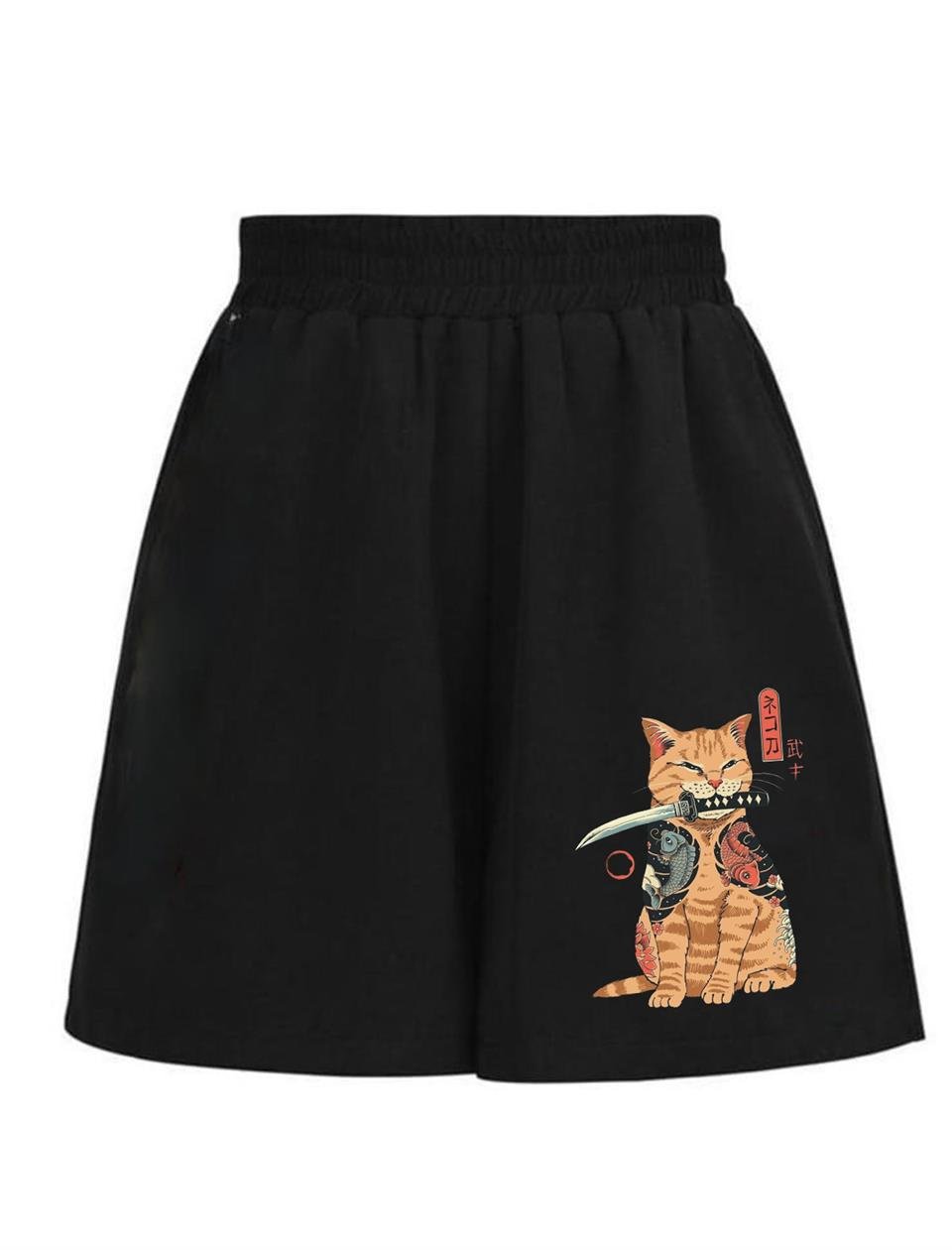 ESC BUTİK Killer Cat Baskılı Siyah Unisex Penye Şort