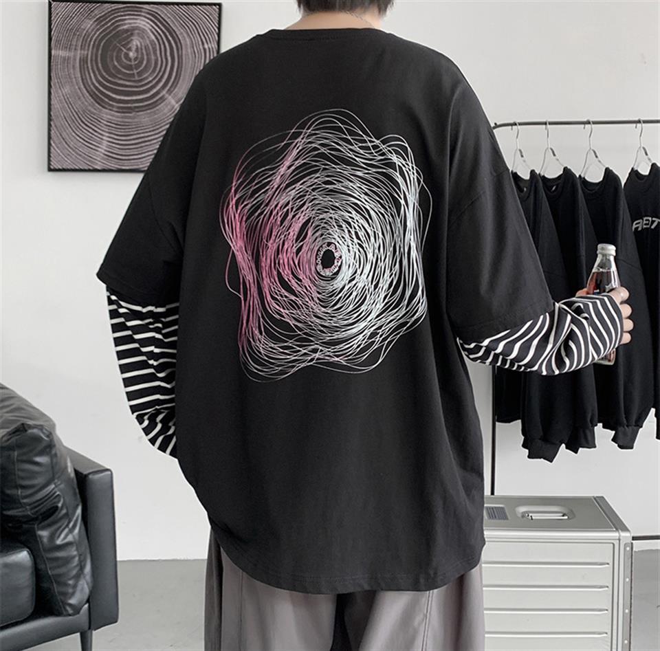 ESC BUTİK Random Lines Sırt Baskılı Fake Sleeves Unisex Siyah T-shirt