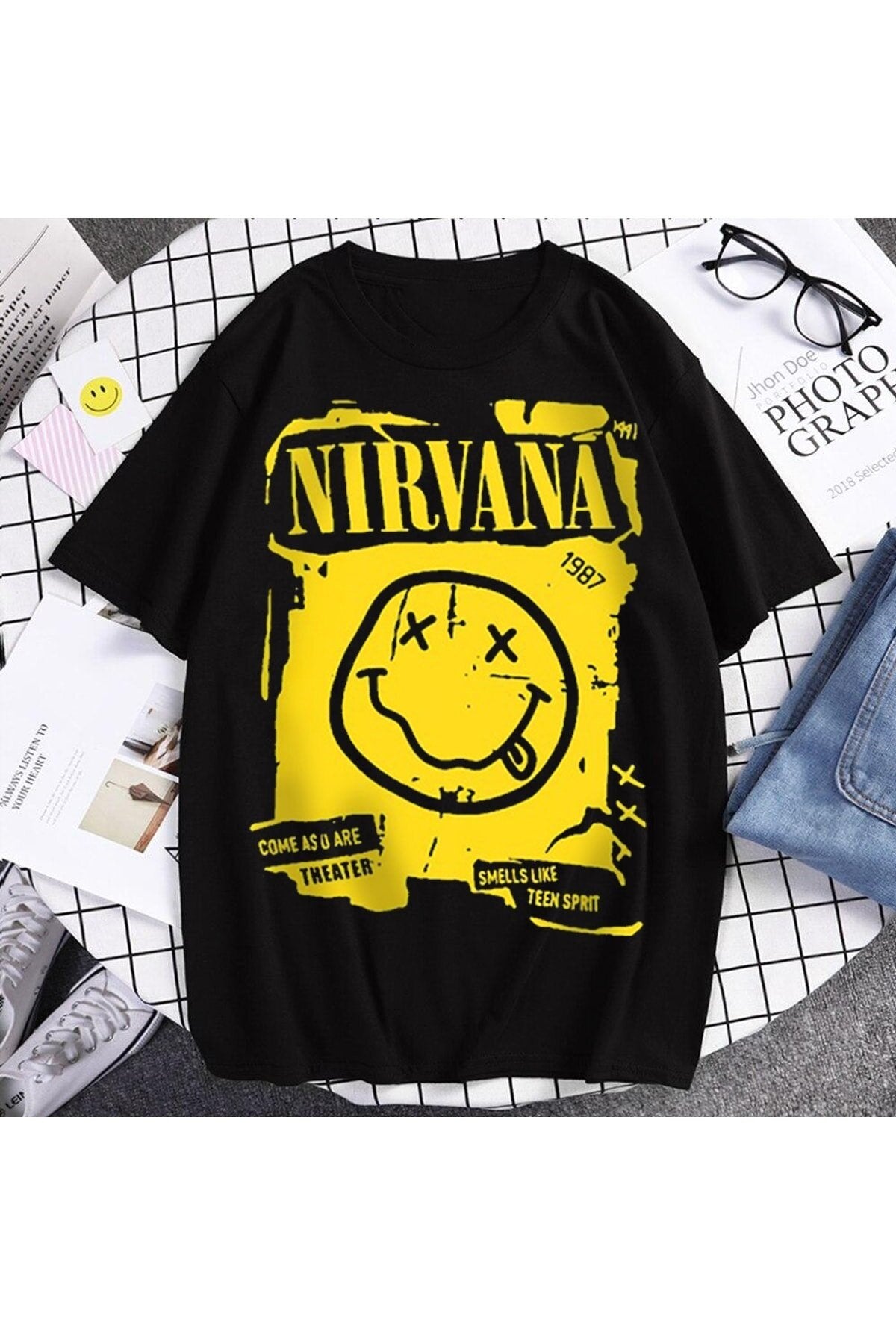 ESC BUTİK Siyah Renk Nirvana Baskılı Geniş Kesim Unisex Rock Metal T-shirt