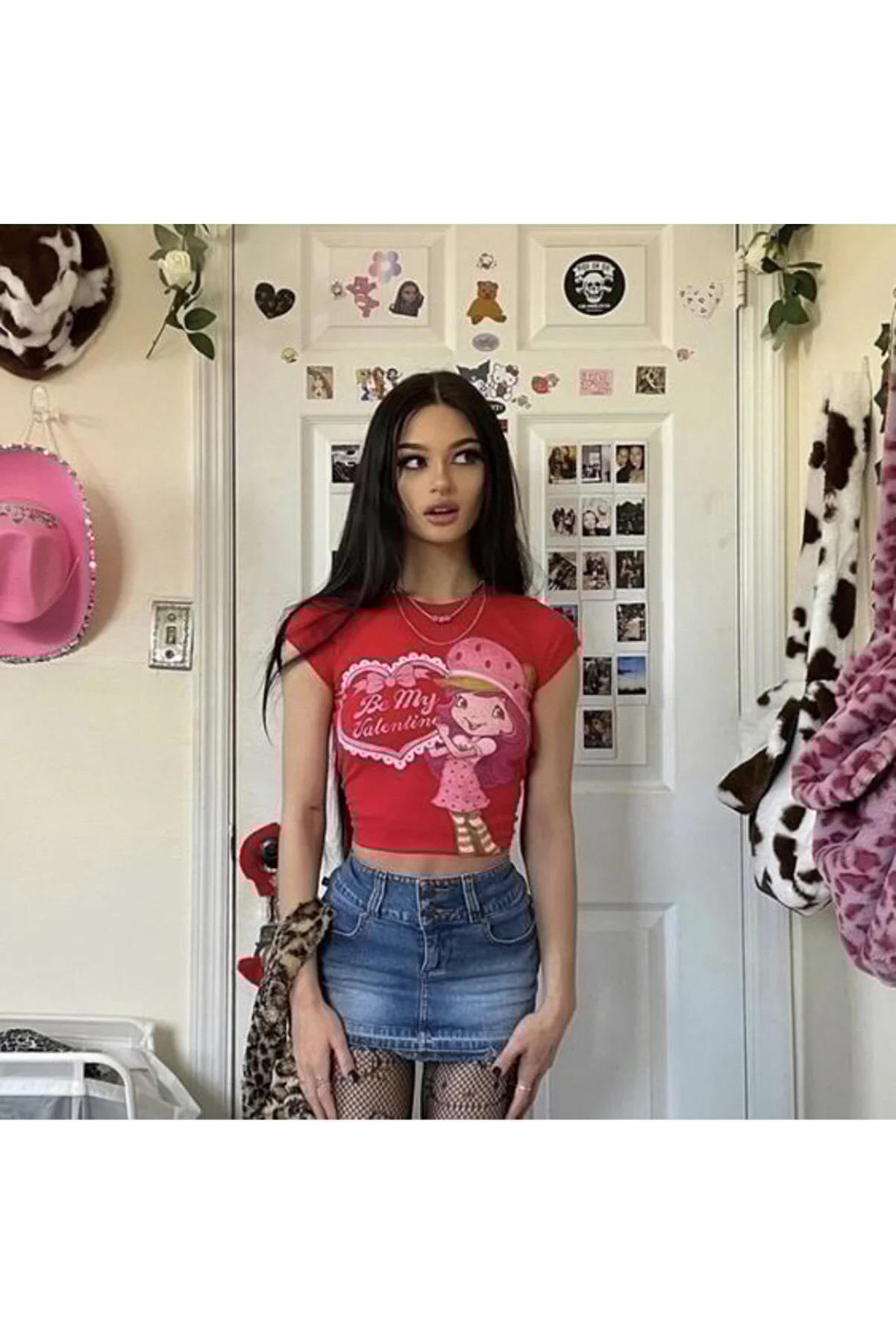ESC BUTİK Y2k Be My Valentine Girl Baskılı Kırmızı Crop Bluz