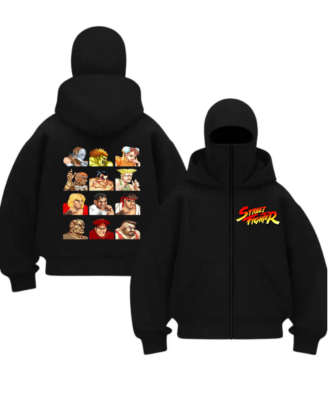 ESC BUTİK Street Fighter Baskılı 3 İplik ( Kalın ) Şardonlu ( İçi Pamuklu ) Unisex Kar Maskeli Kapüşonlu Oversize Ninja Hırka