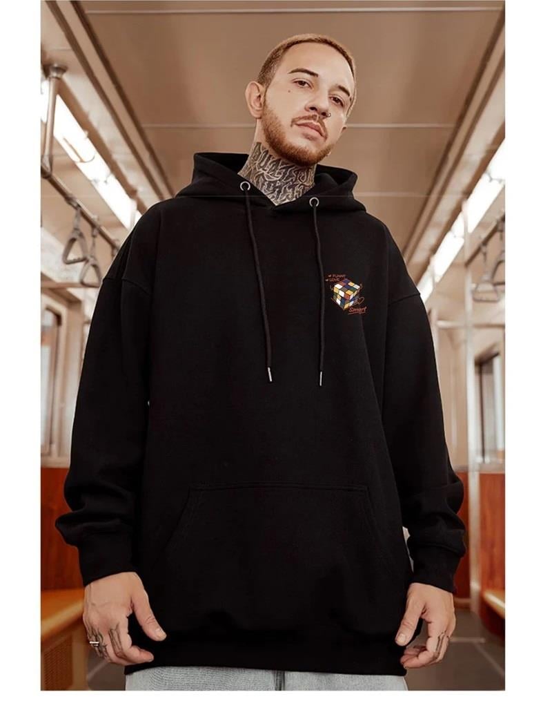 ESC BUTİK Street Wear Rubik Küp Baskılı Oversize Unisex Siyah Kapşonlu Hoodie Sweatshirt