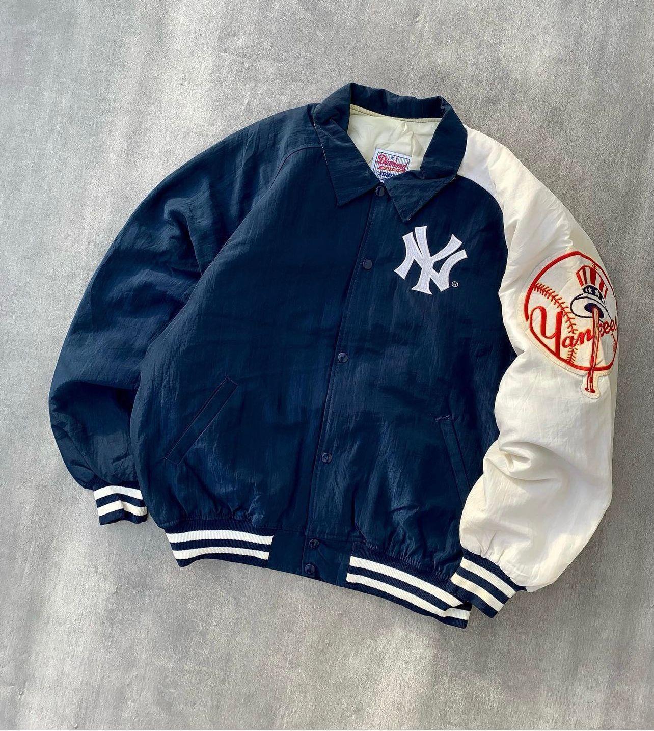 ESC BUTİK Streetwear Unisex İçi Astarlı Vintage Yankees Mavi Yarışçı Bomber Ceket