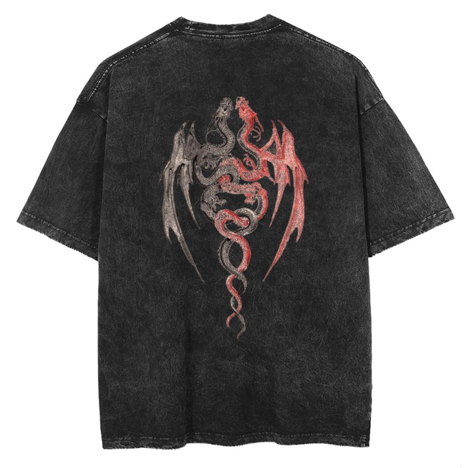 ESC BUTİK Twin Dragon Sırt Baskılı Unisex Eskitme T-shirt