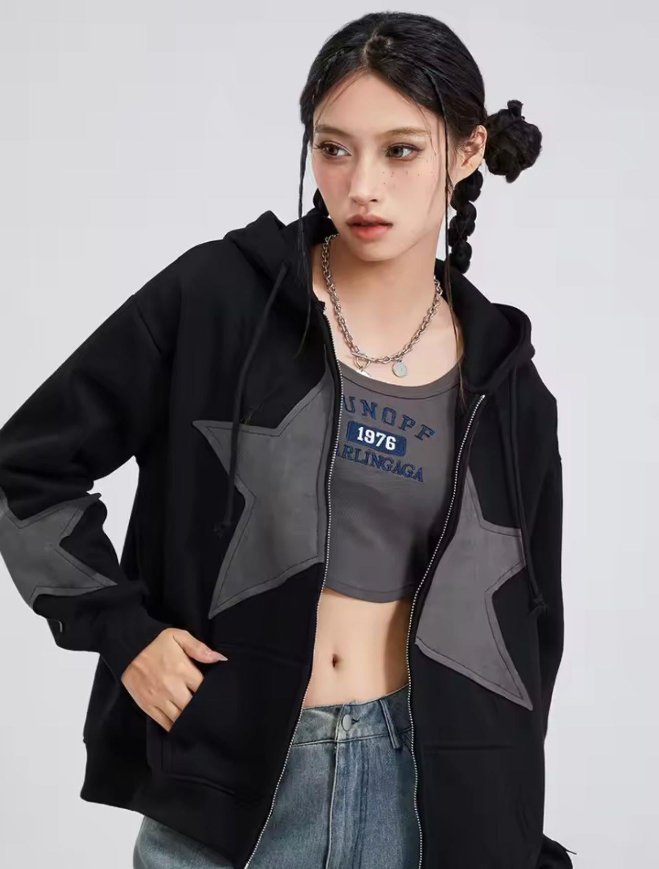 ESC BUTİK Vintage Star Zip Oversize Fermuarlı Unisex Kapüşonlu Hırka