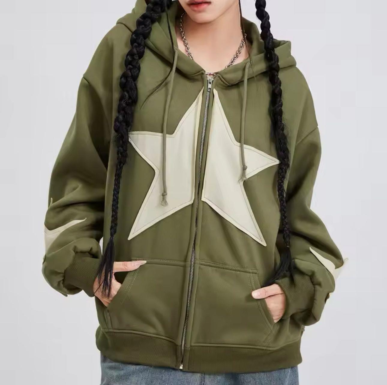 ESC BUTİK Vintage Star Zip Oversize Fermuarlı Unisex Kapüşonlu Hırka