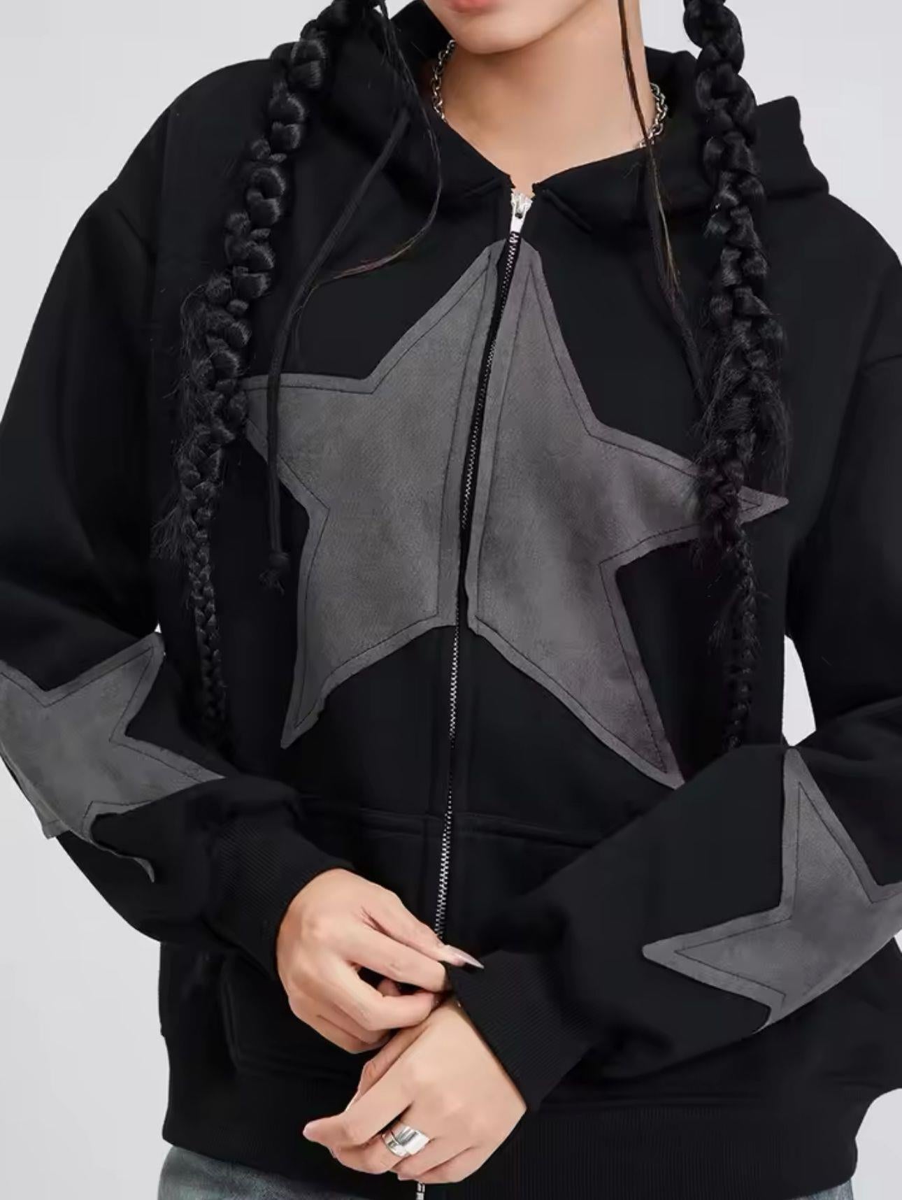 ESC BUTİK Vintage Star Zip Oversize Fermuarlı Unisex Kapüşonlu Hırka