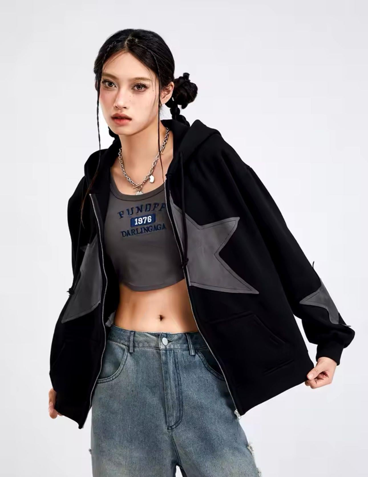 ESC BUTİK Vintage Star Zip Oversize Fermuarlı Unisex Kapüşonlu Hırka