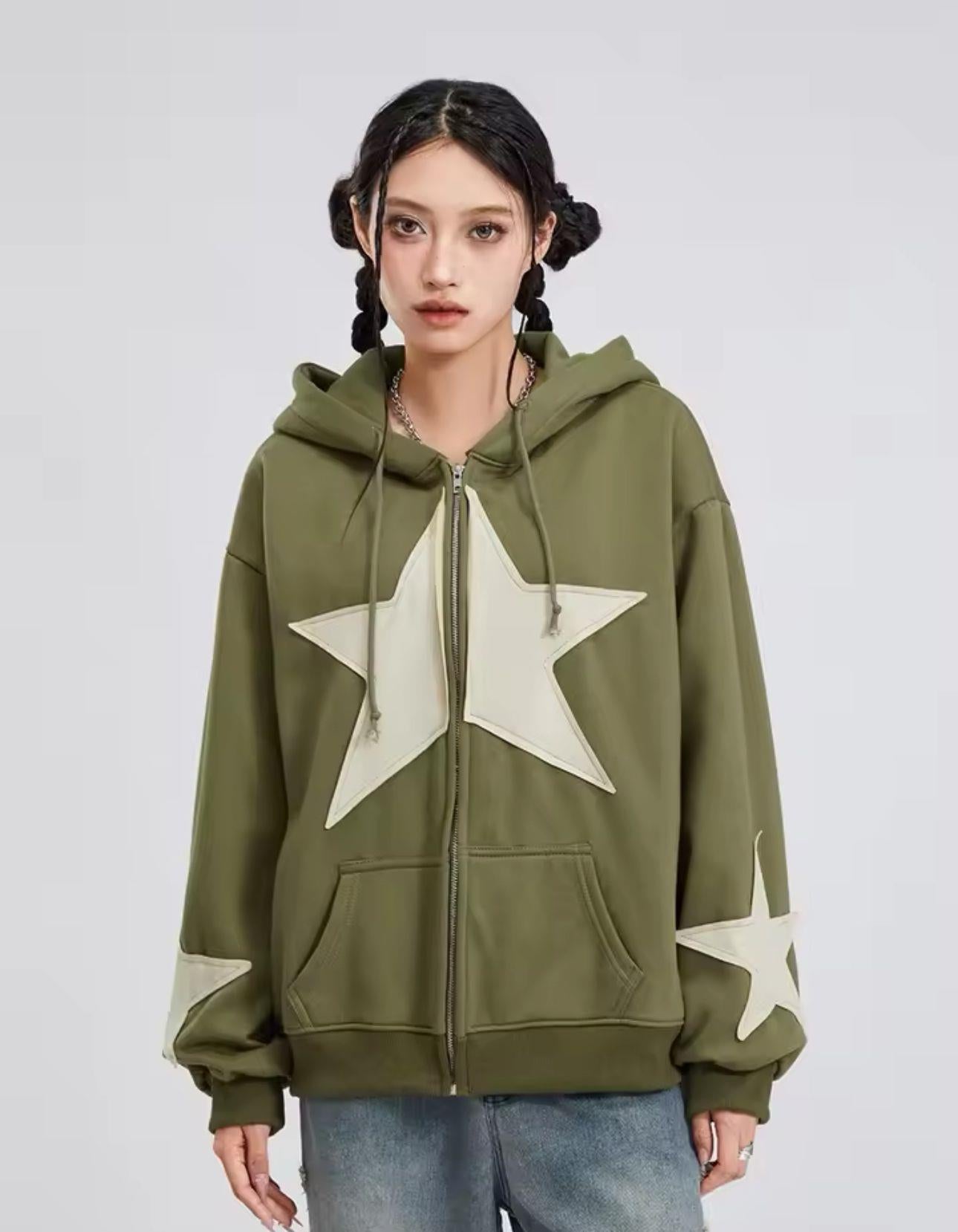 ESC BUTİK Vintage Star Zip Oversize Fermuarlı Unisex Kapüşonlu Hırka