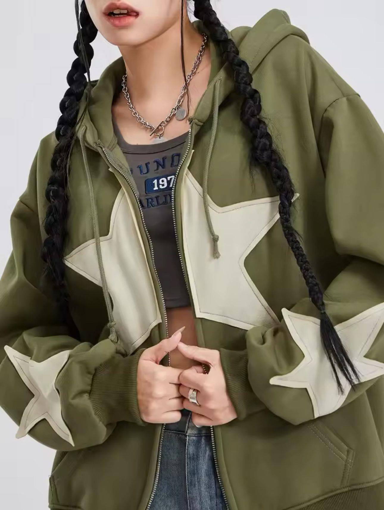 ESC BUTİK Vintage Star Zip Oversize Fermuarlı Unisex Kapüşonlu Hırka