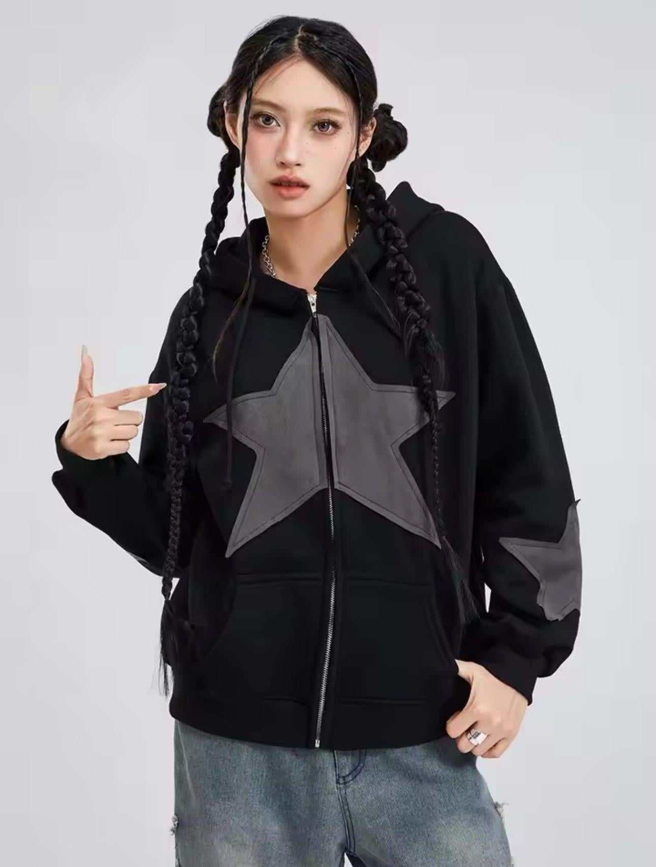 ESC BUTİK Vintage Star Zip Oversize Fermuarlı Unisex Kapüşonlu Hırka