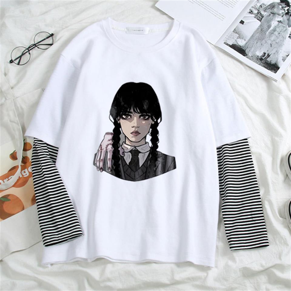 ESC BUTİK Wednesday Baskılı Fake Sleeves Unisex Beyaz T-shirt