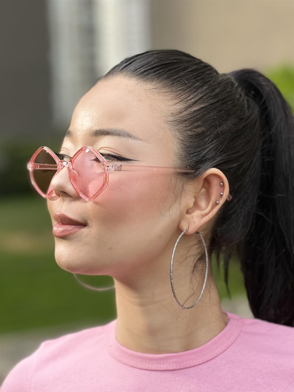 ESC BUTİK Y2K Tarz Altıgen Köşe Pembe Renk UV Korumalı Güneş Gözlüğü