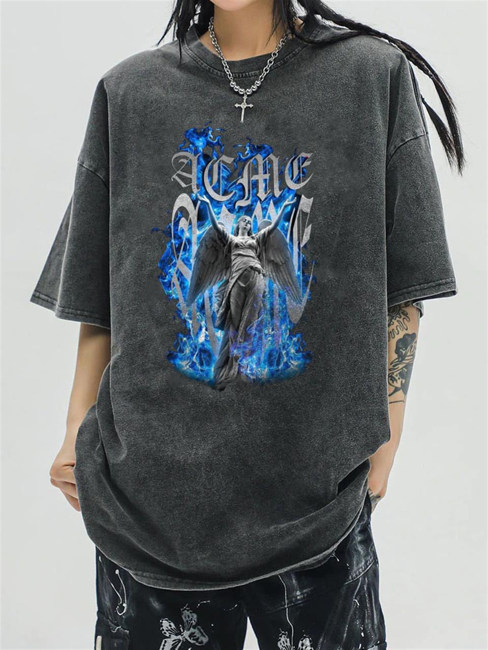 ESC BUTİK Yıkamalı Art Winged Unisex Eskitme T-shirt