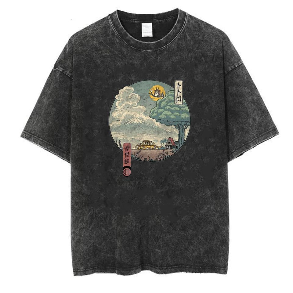 ESC BUTİK Yıkamalı Neighbor's Ukiyo-E Unisex Eskitme T-shirt