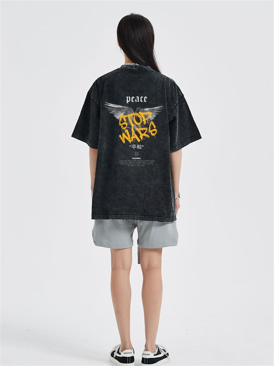 ESC BUTİK Yıkamalı Sırt Baskılı Peace Unisex Eskitme T-shirt