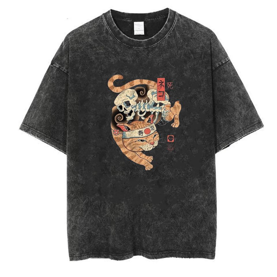 ESC BUTİK Yıkamalı Skeleton Cat Unisex Eskitme T-shirt