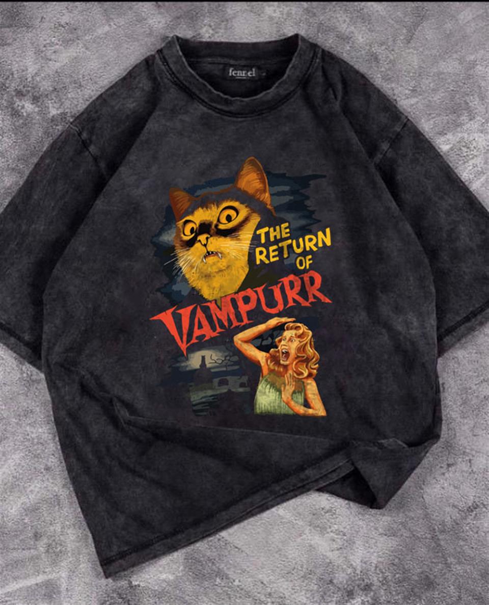 ESC BUTİK Yıkamalı The Return Of Vampurr Baskılı Unisex Oversize Eskitme T-shirt