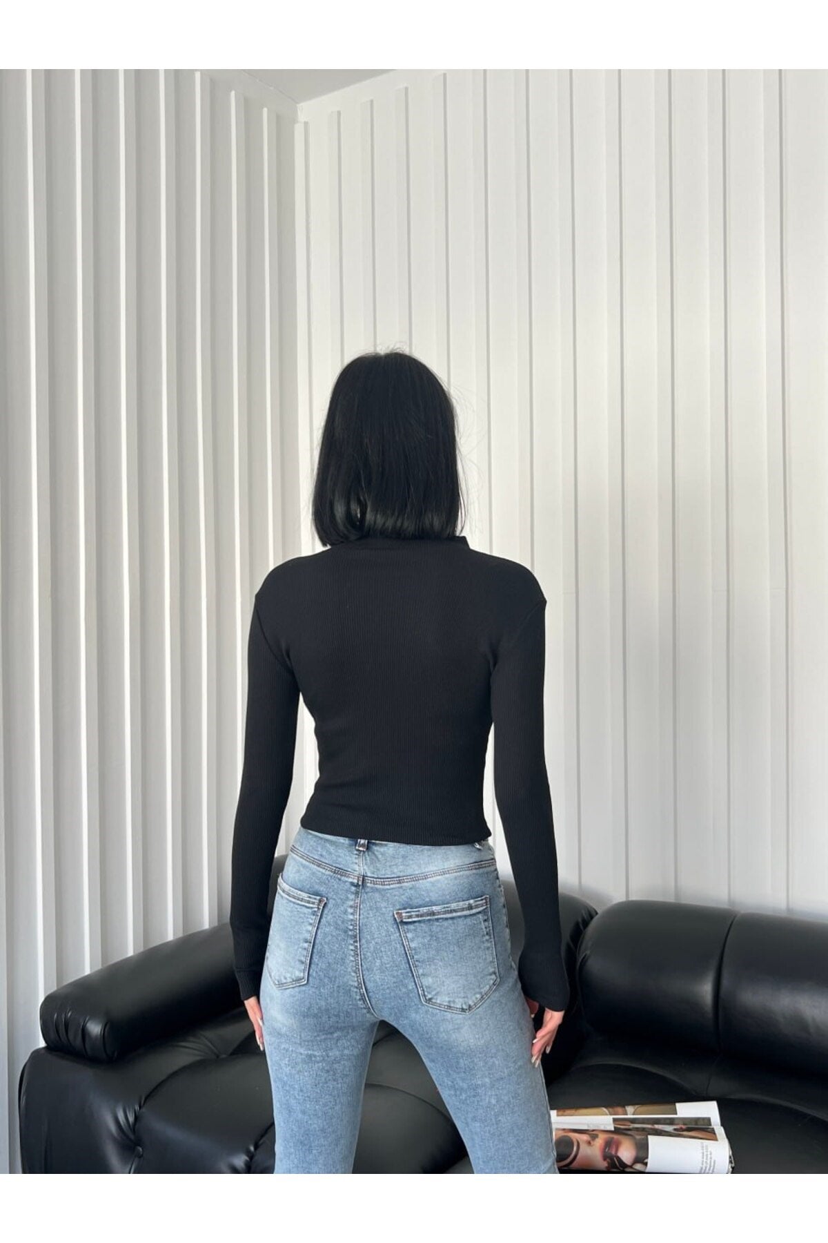 Atelier Siyah Bato Yaka Fermuarlı Uzun Kol Bluz Streetwear Y2K Daily