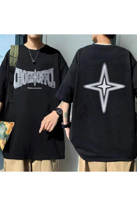 Hoodie Harajuku Worldwide Ön-Arka Baskılı Siyah Unisex Oversize T-shirt