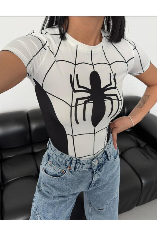 Pofidi Tech  Spider Dijital Baskılı Crop Bluz