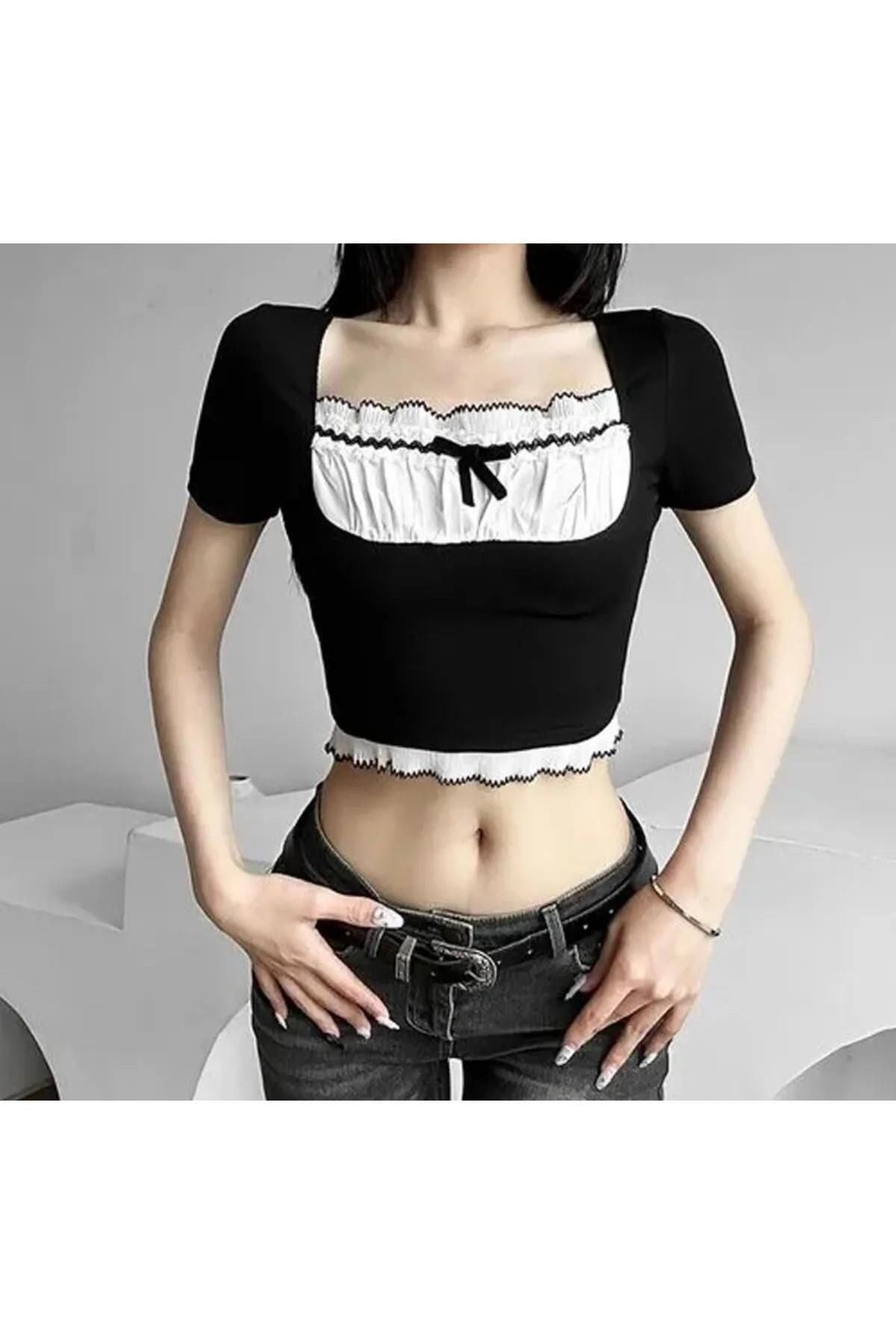 Y2K Tech Açık Yaka Streetwear Büzgülü Yaka Retro Crop Bluz