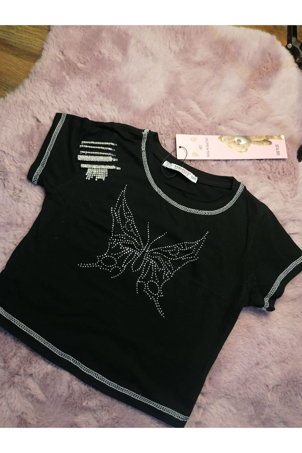 Hoodie Outdoor Butterfly Kelebek Taşlı Siyah Kadın T-shirt Crop