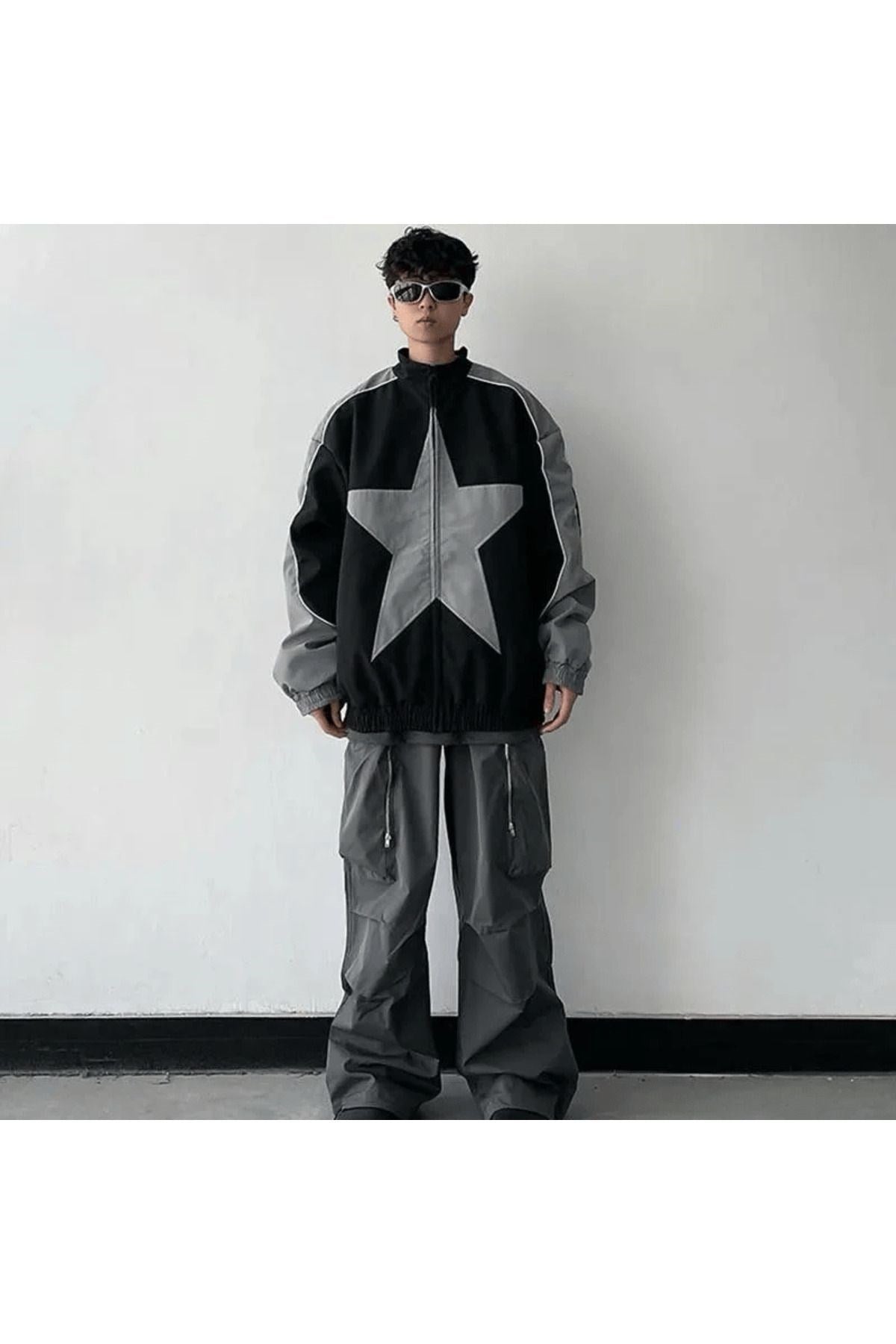Baggy Paraşüt Harajuku Star Patchwork Detail Oversize Unisex Bomber Ceket